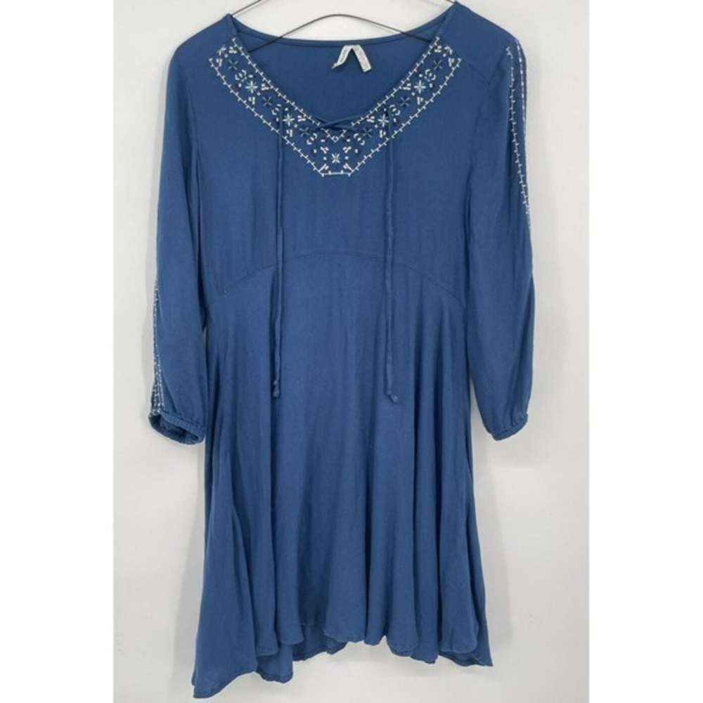 Mudd Medium Boho Embroidered Mini Dress Womens Blue Long Sleeve‎ Lace Up V-Neck